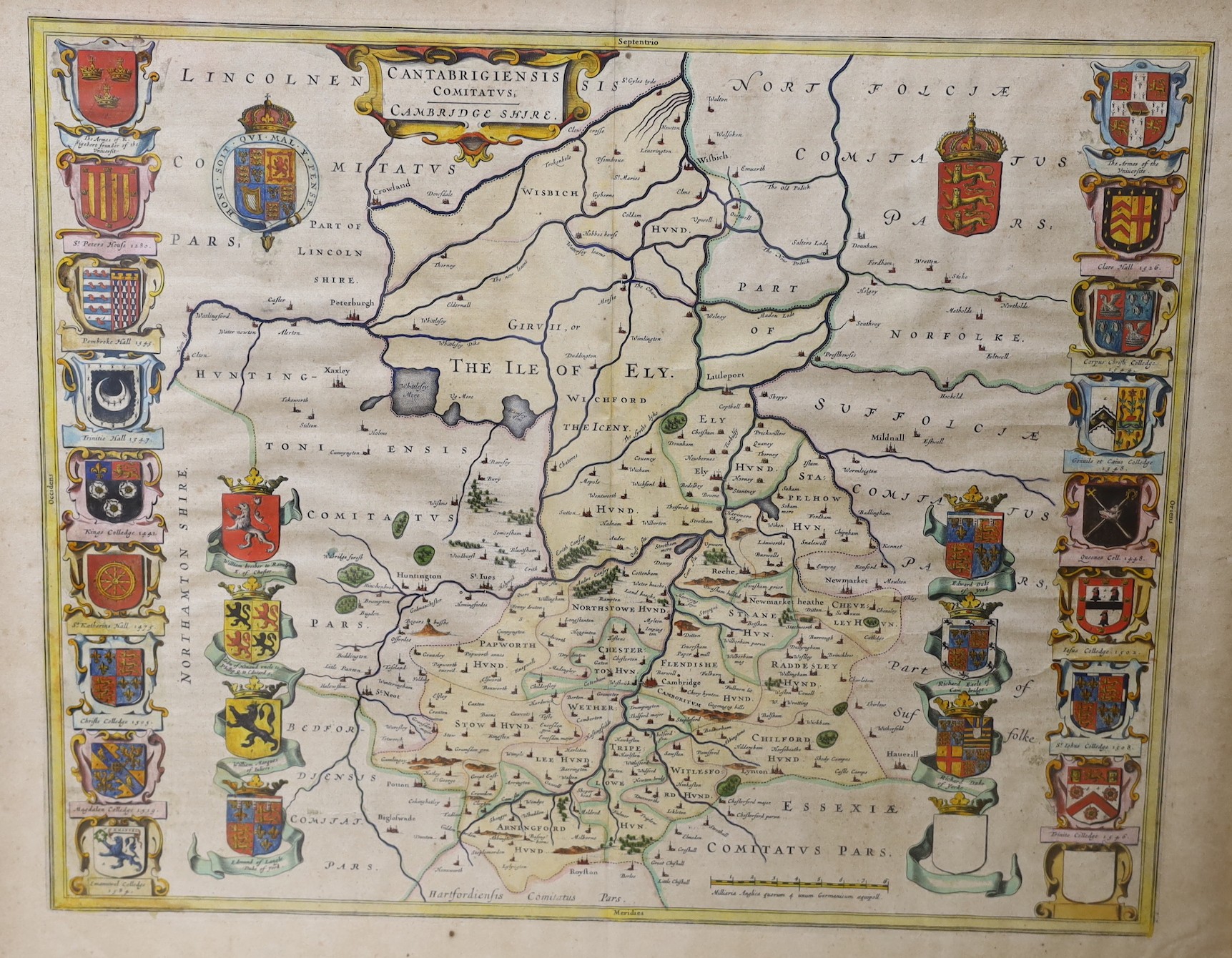 Johannes Blaeu (1571-1638), coloured engraving, Map of Cantabrigiensis (Cambridgeshire), German text verso, full sheet 50 x 59cm